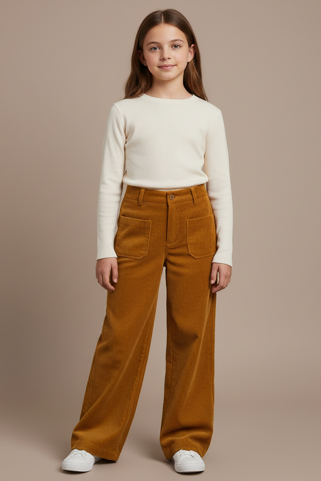 Pantalon Velours Côtelé Marron Large Confortable Fille - Cordé