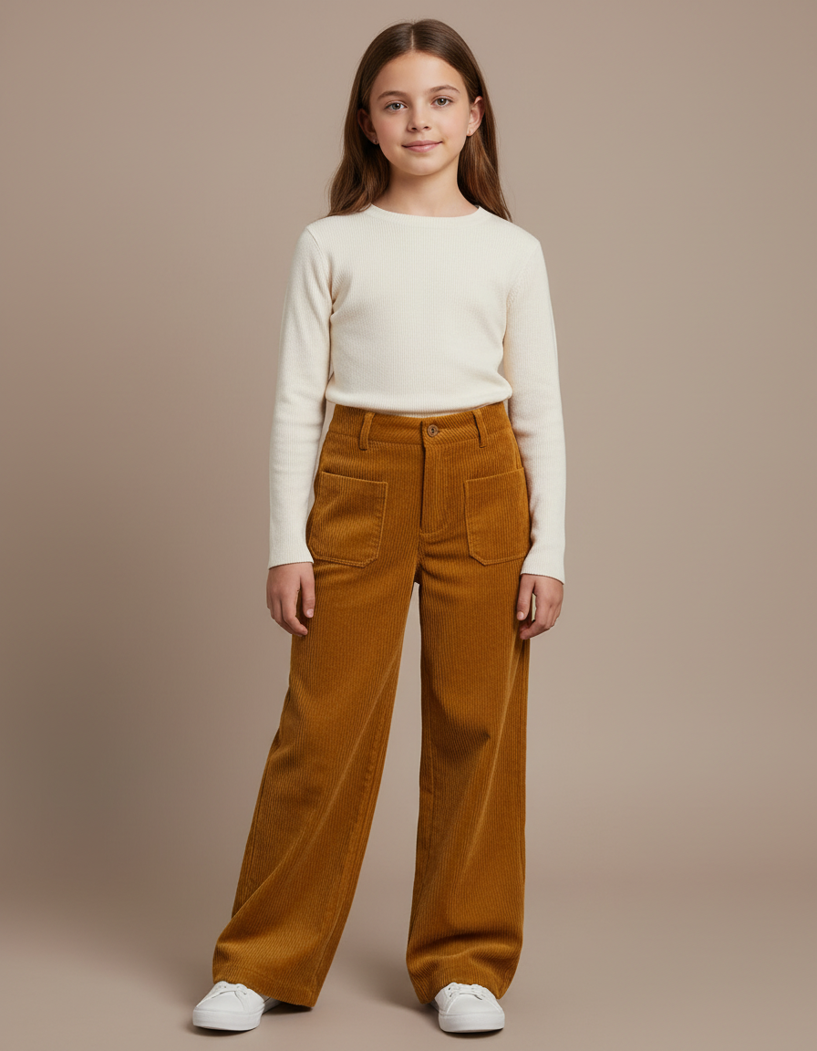 Pantalon Velours Côtelé Marron Large Confortable Fille - Cordé