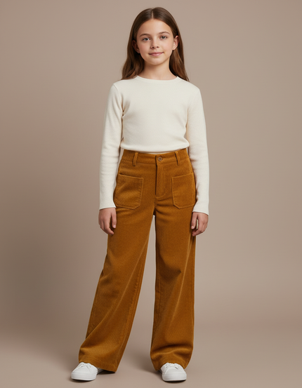 Pantalon Velours Côtelé Marron Large Confortable Fille - Cordé