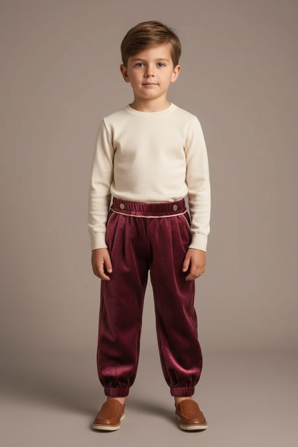 Pantalon Velours Bordeaux Plissé Enfant Élégant