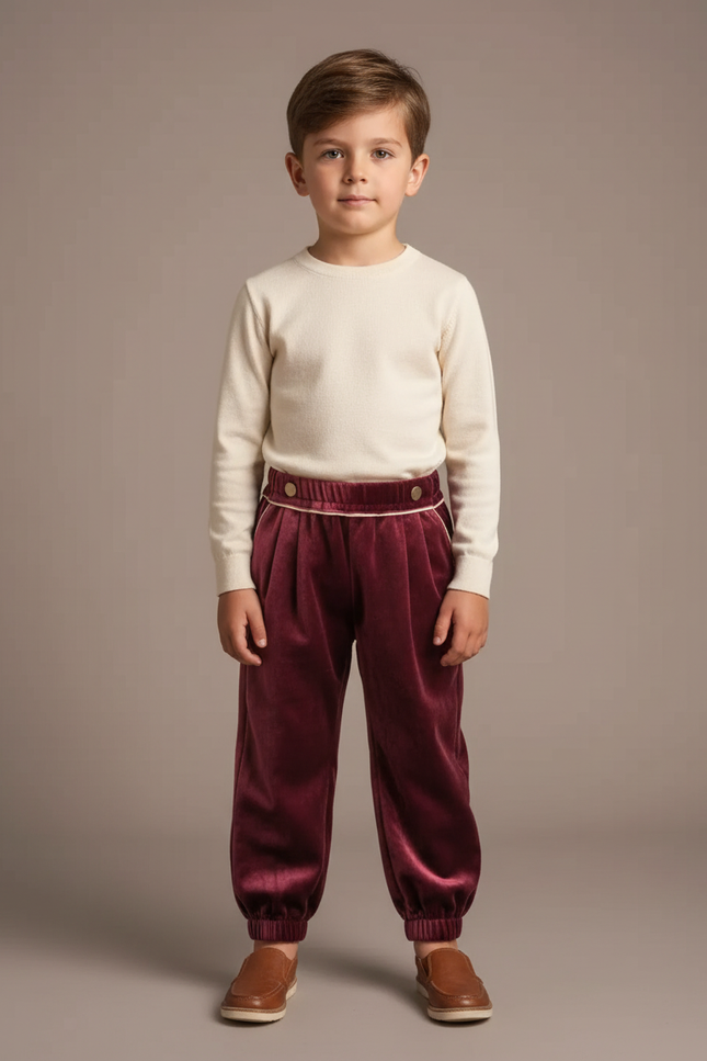 Pantalon Velours Bordeaux Plissé Enfant Élégant