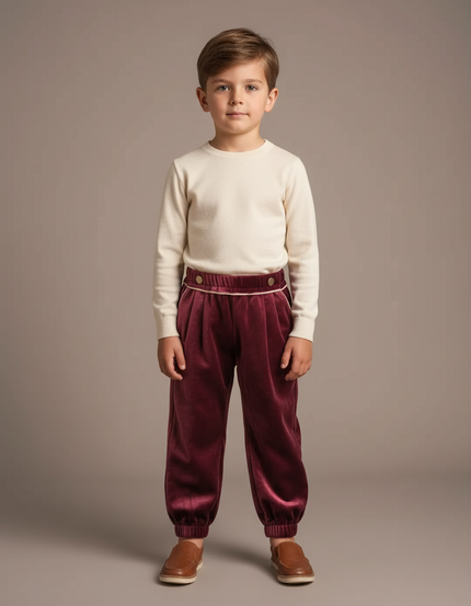 Pantalon Velours Bordeaux Plissé Enfant Élégant