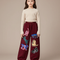 Pantalon Velours Bordeaux Large Motifs Chats Amusants - Molleton
