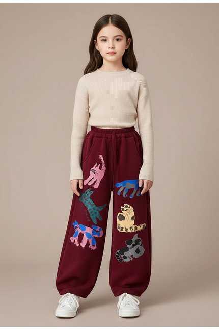 Pantalon Velours Bordeaux Large Motifs Chats Amusants - Molleton