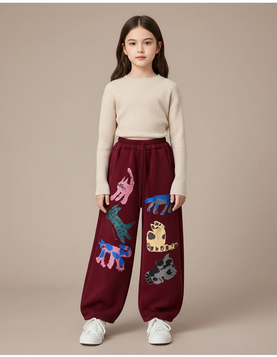 Pantalon Velours Bordeaux Large Motifs Chats Amusants - Molleton