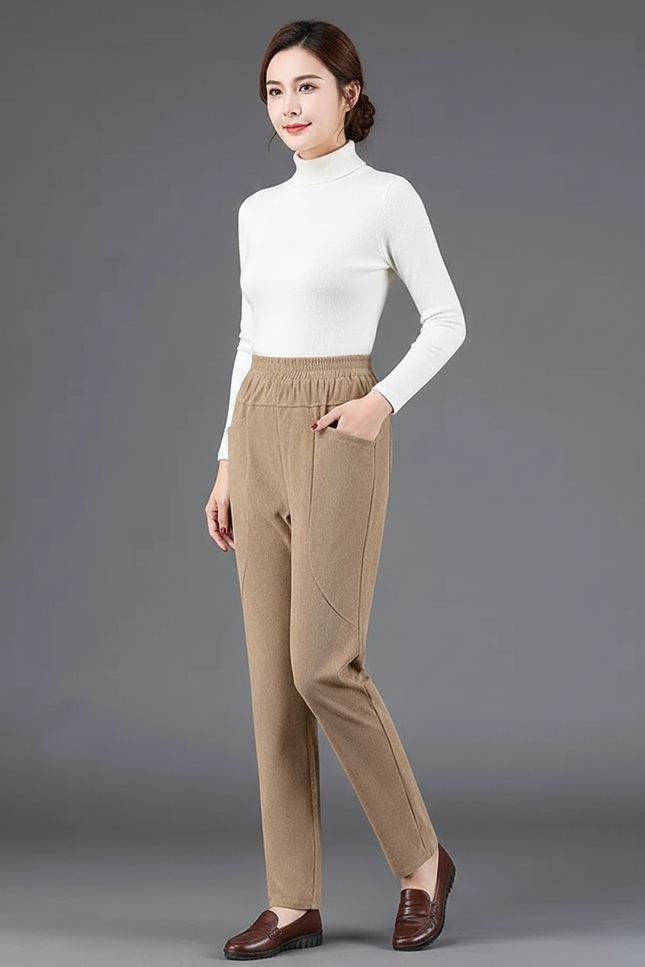 Pantalon Velours Beige Droit Décontracté Chaud Hiver Femme