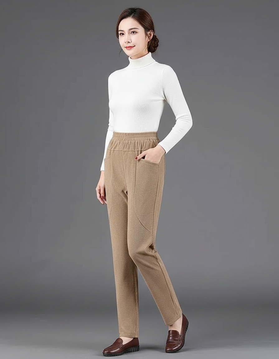 Pantalon Velours Beige Droit Décontracté Chaud Hiver Femme