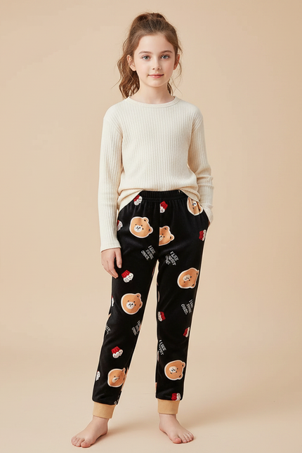 Pantalon Velours Noir Ours Mignon Enfant Hiver