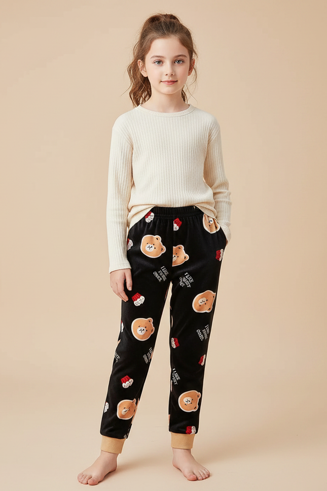 Pantalon Velours Noir Ours Mignon Enfant Hiver