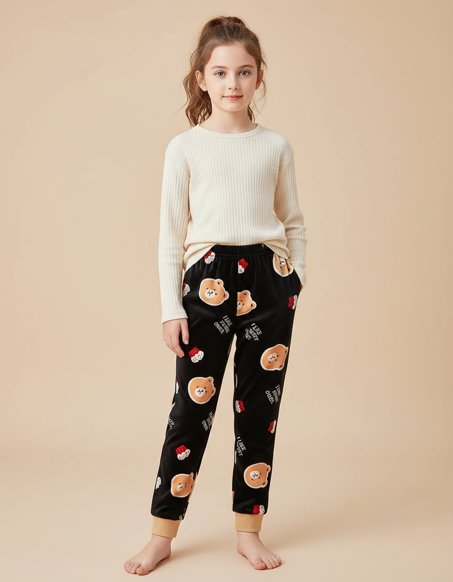Pantalon Velours Noir Ours Mignon Enfant Hiver