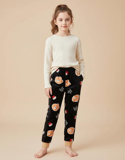 Pantalon Velours Noir Ours Mignon Enfant Hiver
