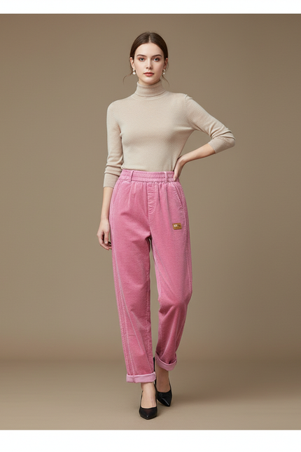 Pantalon Velours Rose Côtelé Ample Décontracté Femme - Cordé