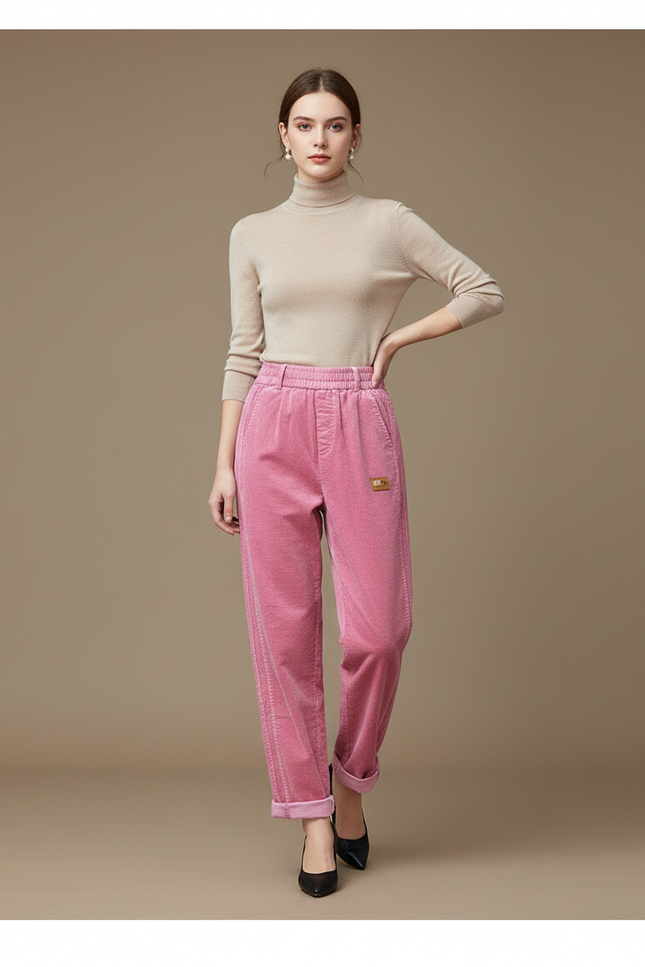 Pantalon Velours Rose Côtelé Ample Décontracté Femme - Cordé