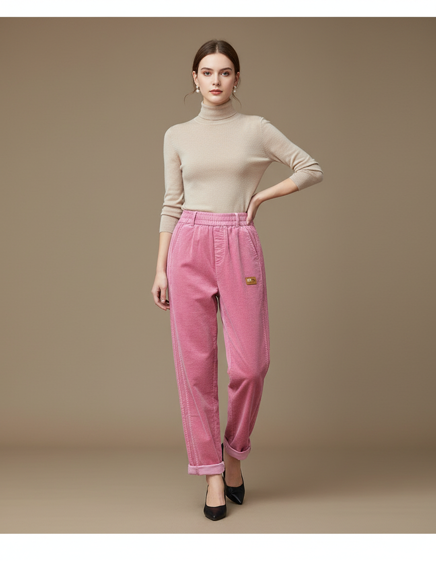 Pantalon Velours Rose Côtelé Ample Décontracté Femme - Cordé