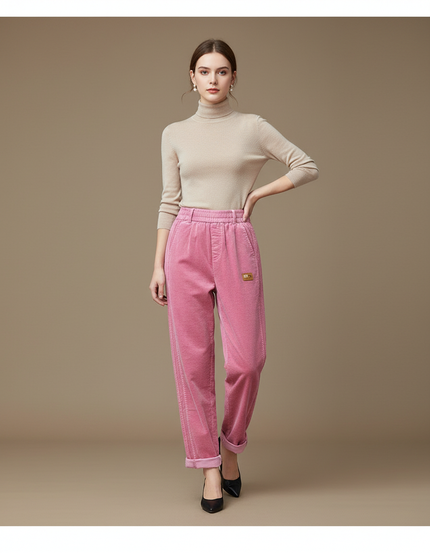 Pantalon Velours Rose Côtelé Ample Décontracté Femme - Cordé