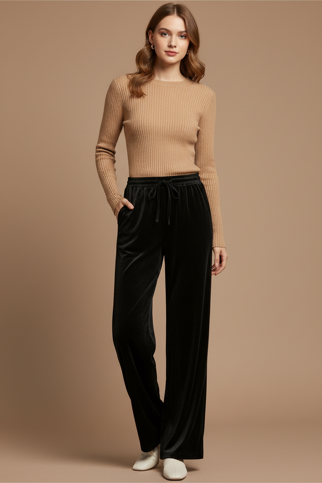 Pantalon Velours Noir Ample Droit Élégant
