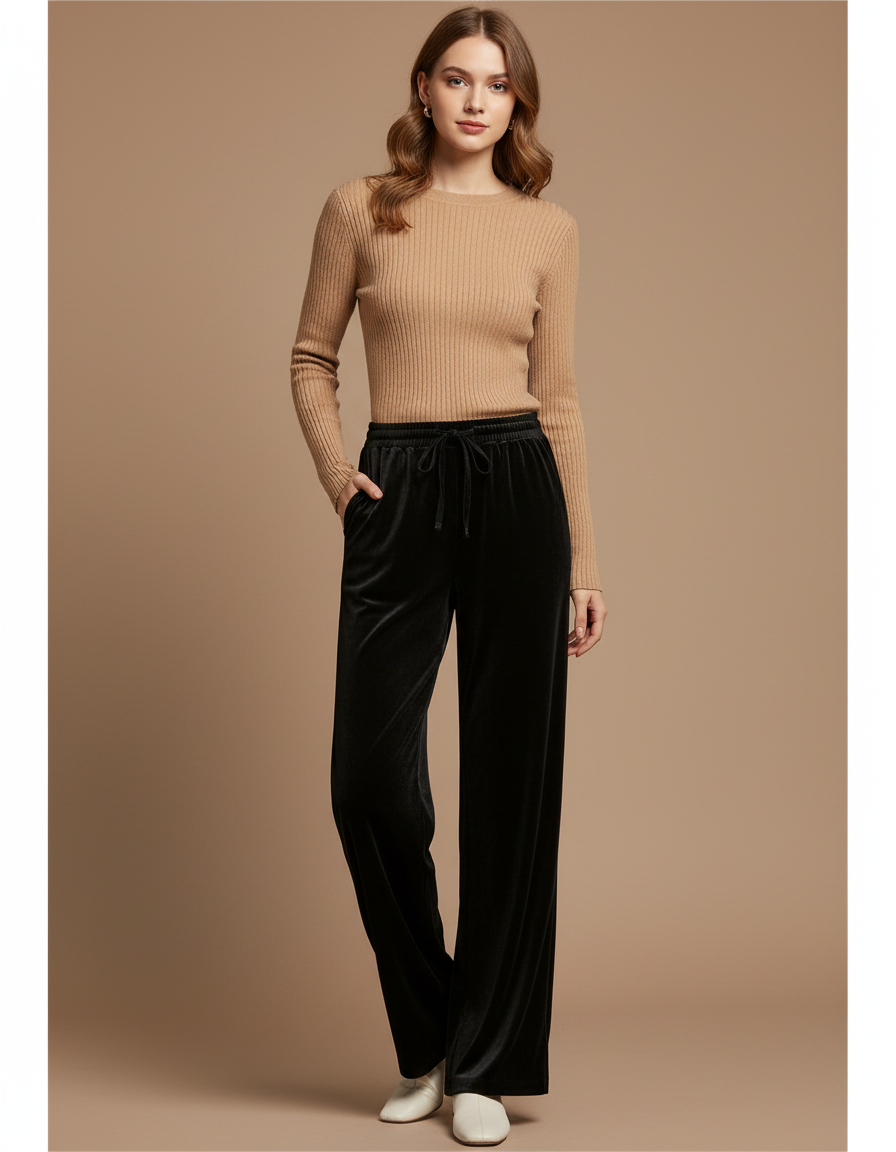 Pantalon Velours Noir Ample Droit Élégant
