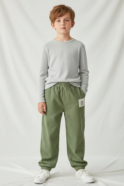 Pantalon Velours Vert Côtelé Ample Élastiqué Décontracté Garçon - Cordé