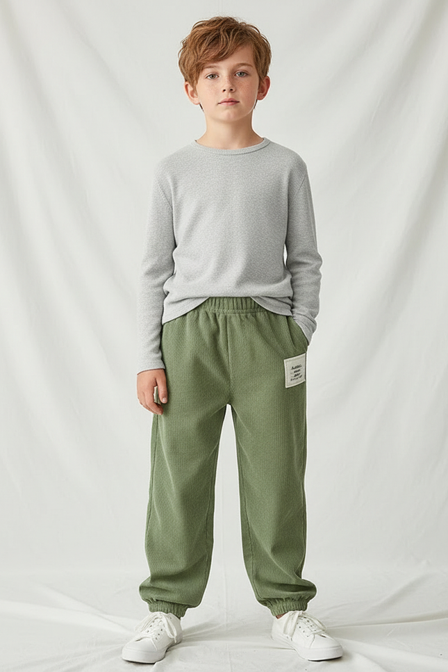 Pantalon Velours Vert Côtelé Ample Élastiqué Décontracté Garçon - Cordé