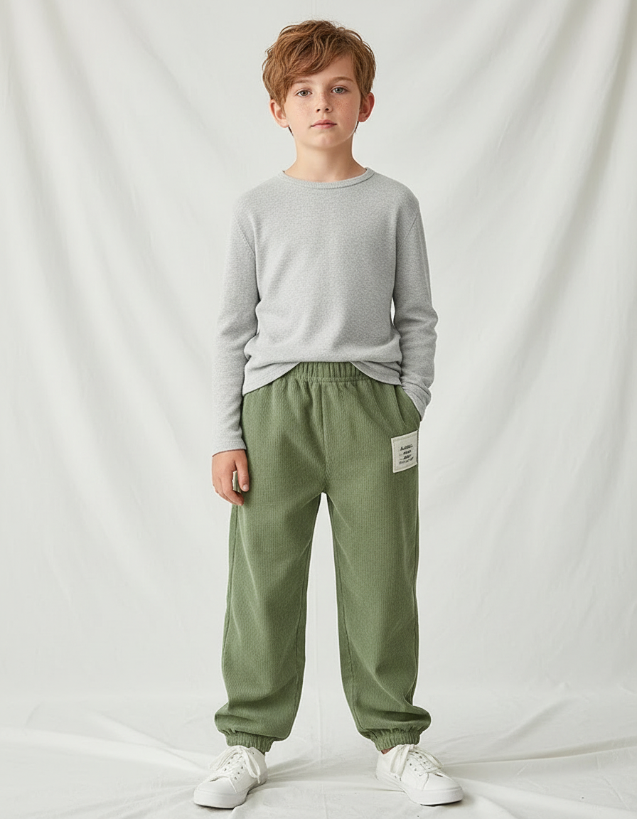 Pantalon Velours Vert Côtelé Ample Élastiqué Décontracté Garçon - Cordé