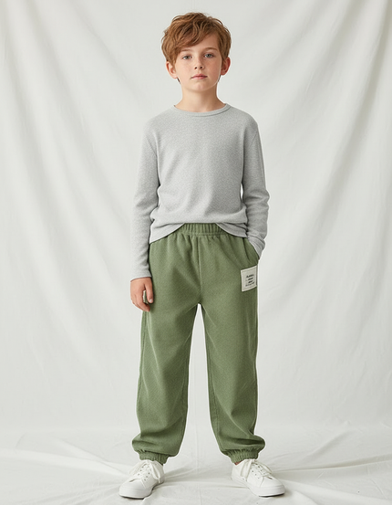 Pantalon Velours Vert Côtelé Ample Élastiqué Décontracté Garçon - Cordé