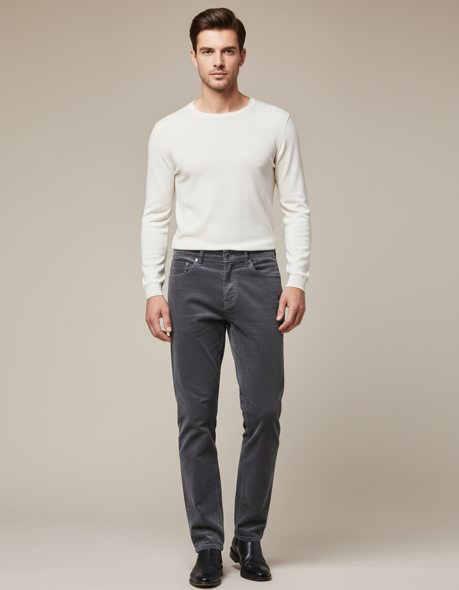 Pantalon Velours Droit - Gris Cordé