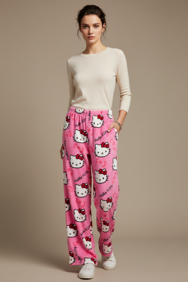 Pantalon Velours Rose Hello Kitty Chaud Ample Femme
