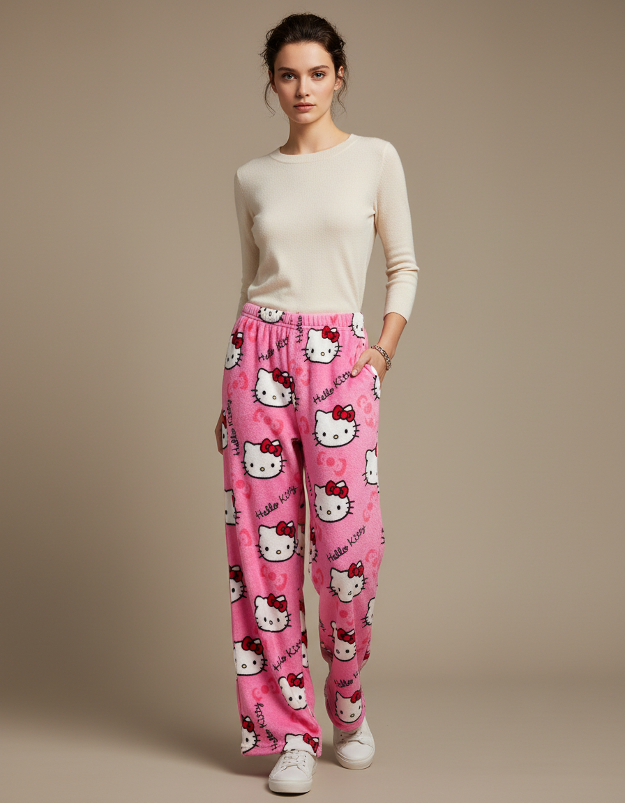 Pantalon Velours Rose Hello Kitty Chaud Ample Femme