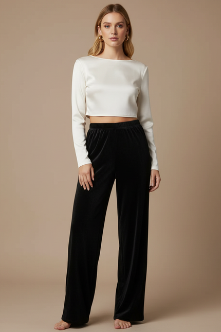 Pantalon Velours Femme Noir Large Lisse