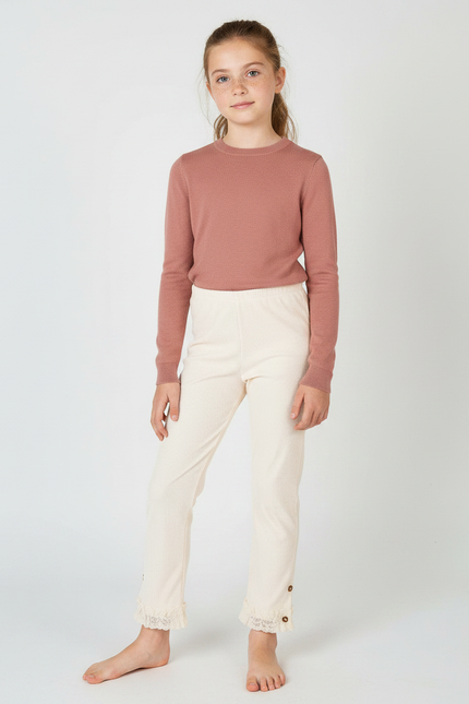 Pantalon Velours Côtelé Écru Enfant Dentelle Boutons - Beige Cordé
