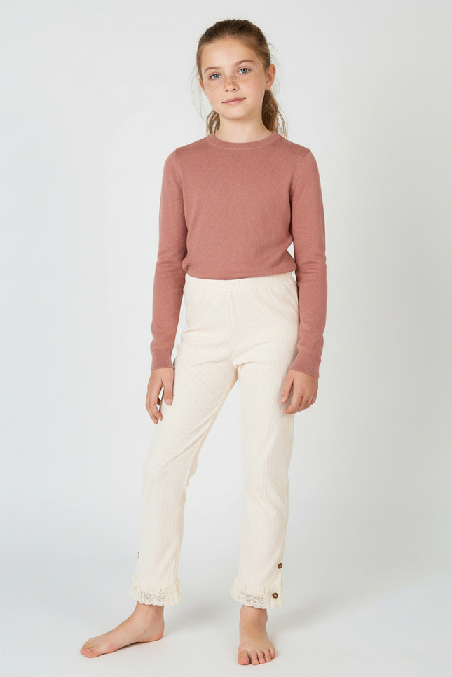 Pantalon Velours Côtelé Écru Enfant Dentelle Boutons - Beige Cordé