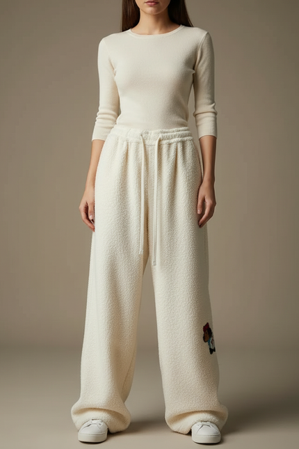 Pantalon Velours Écru Ample Brodé Décontracté Femme - Beige