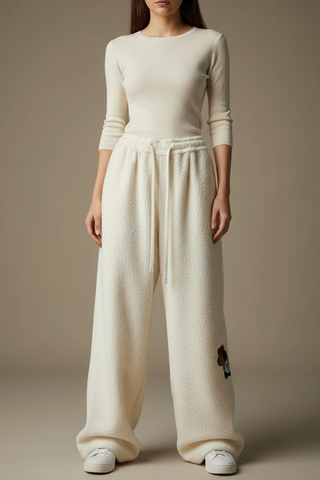 Pantalon Velours Écru Ample Brodé Décontracté Femme - Beige
