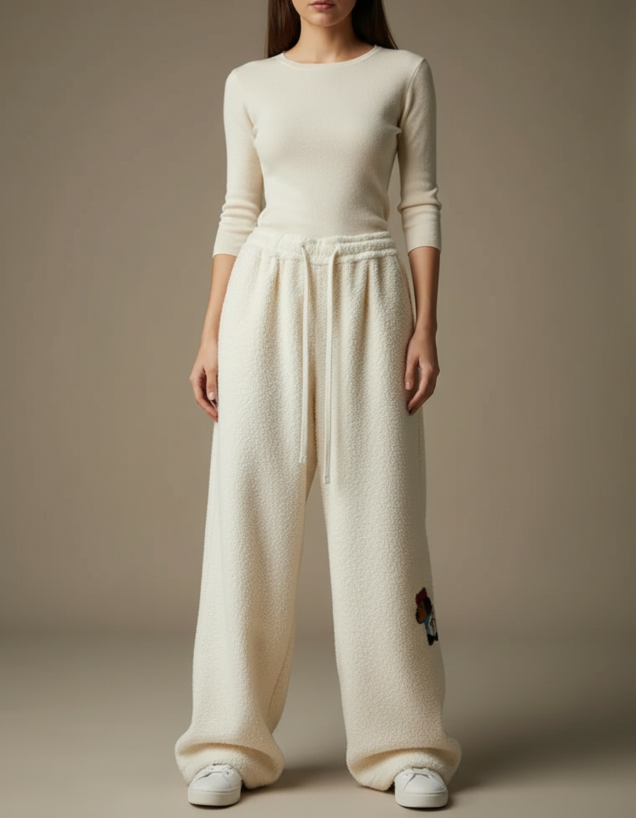 Pantalon Velours Écru Ample Brodé Décontracté Femme - Beige