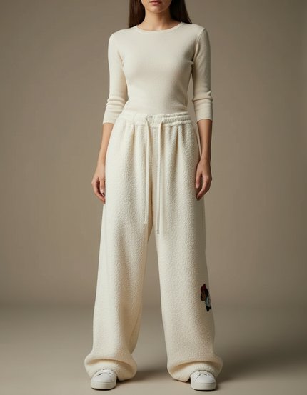 Pantalon Velours Écru Ample Brodé Décontracté Femme - Beige