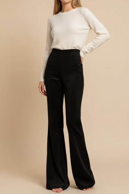 Pantalon Velours Noir Côtelé Évasé Taille Haute Femme