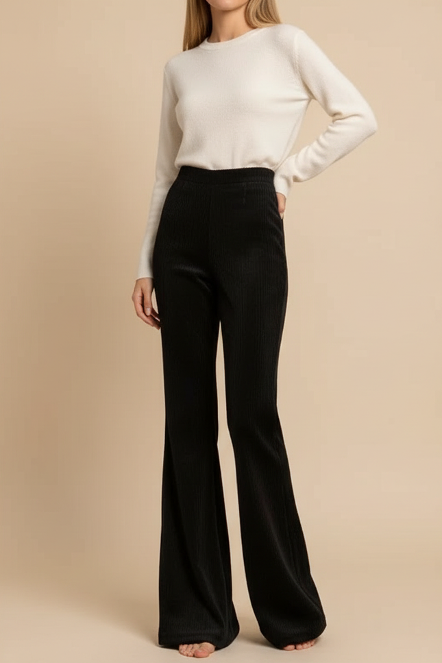 Pantalon Velours Noir Côtelé Évasé Taille Haute Femme