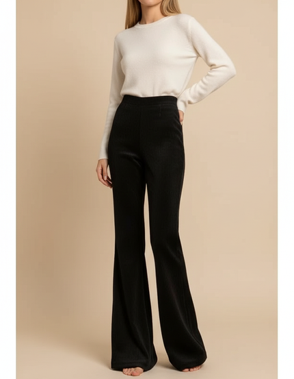 Pantalon Velours Noir Côtelé Évasé Taille Haute Femme