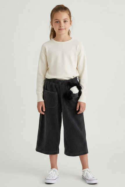 Pantalon Velours Côtelé Ample Gris Fille - Cordé