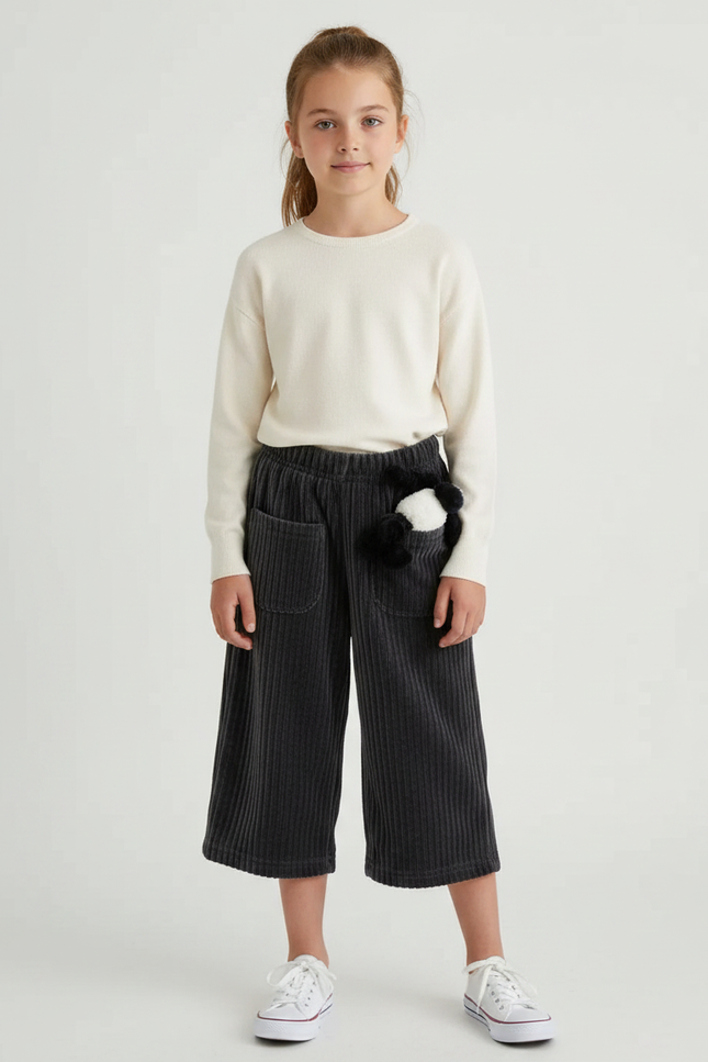 Pantalon Velours Côtelé Ample Gris Fille - Cordé