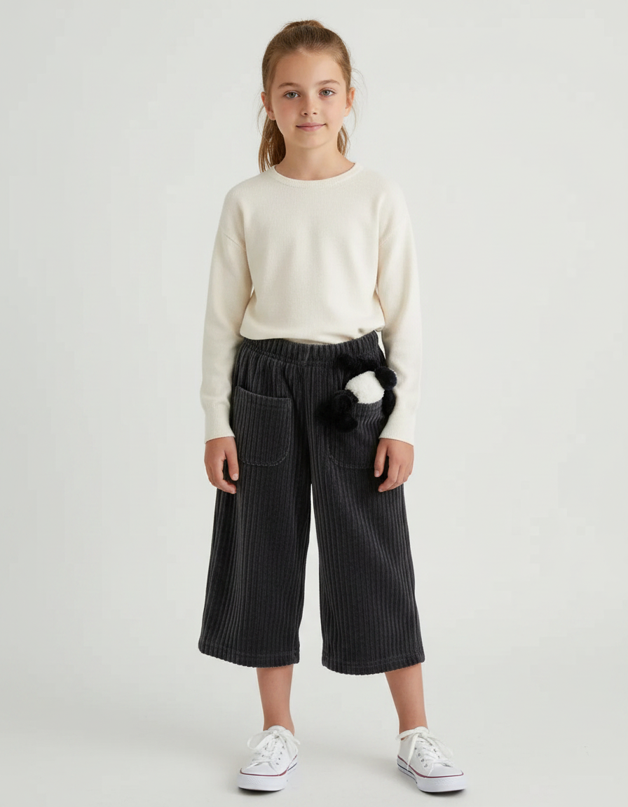 Pantalon Velours Côtelé Ample Gris Fille - Cordé