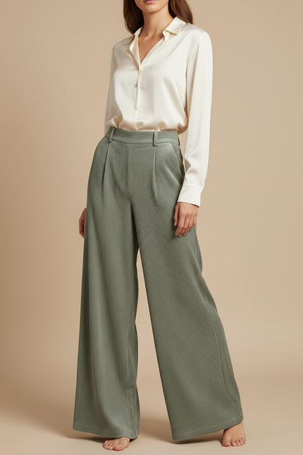 Pantalon Velours Côtelé Vert Ample Taille Haute Décontracté Femme - Cordé