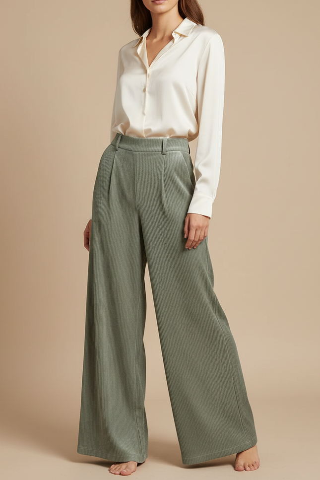Pantalon Velours Côtelé Vert Ample Taille Haute Décontracté Femme - Cordé