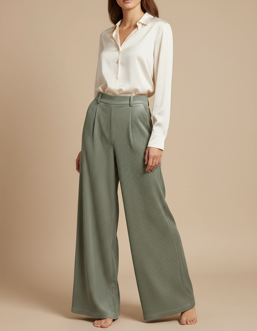 Pantalon Velours Côtelé Vert Ample Taille Haute Décontracté Femme - Cordé