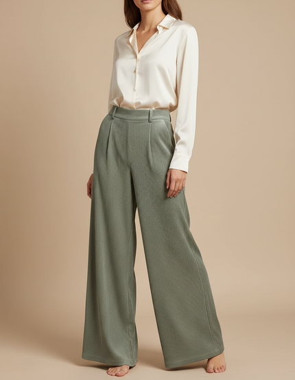 Pantalon Velours Côtelé Vert Ample Taille Haute Décontracté Femme - Cordé