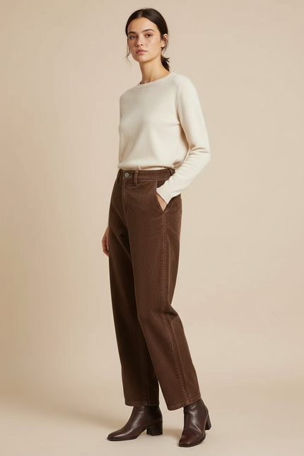 Pantalon Velours Côtelé Marron Taille Haute Ample - Cordé