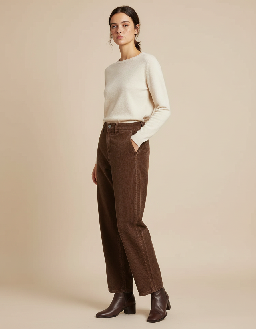 Pantalon Velours Côtelé Marron Taille Haute Ample - Cordé