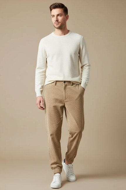 Pantalon Velours Côtelé Beige Jogger Homme Décontracté - Cordé