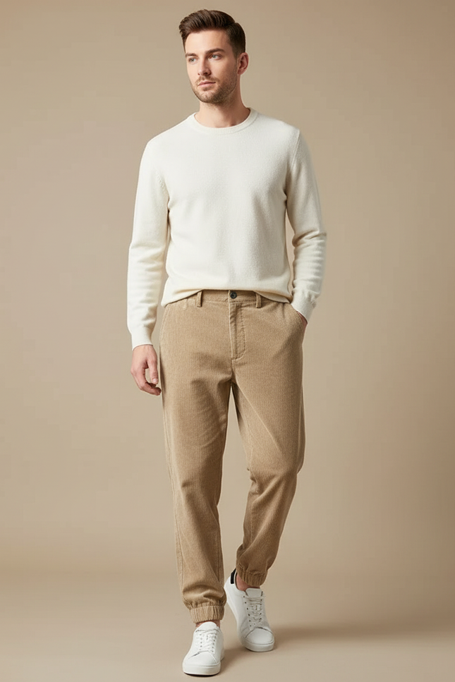 Pantalon Velours Côtelé Beige Jogger Homme Décontracté - Cordé