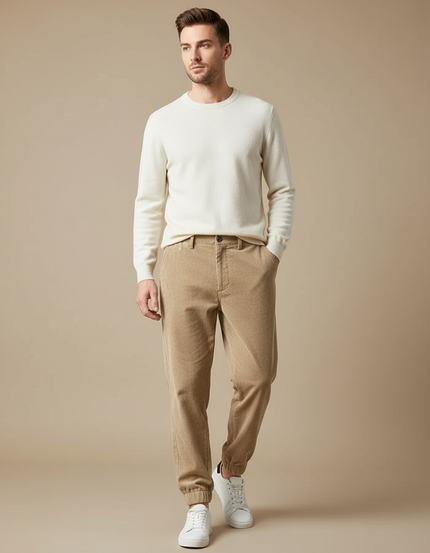 Pantalon Velours Côtelé Beige Jogger Homme Décontracté - Cordé
